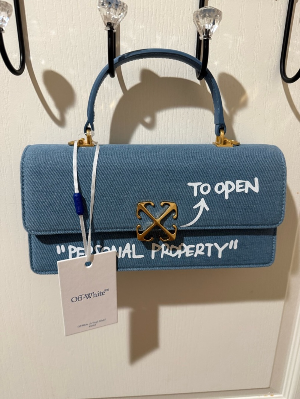 NWT Off-White Denim Blue Top Handle Satchel with Gold Hardware